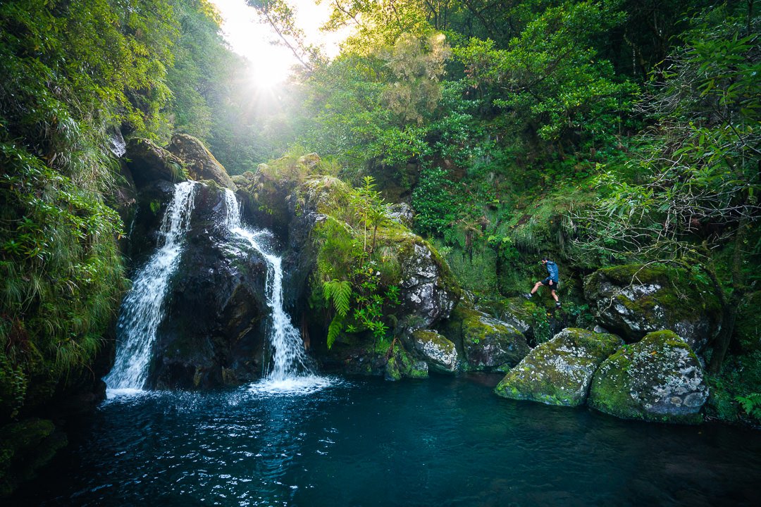 Waterfalls on a hiking trail in the Portugal Azores island of Flores
