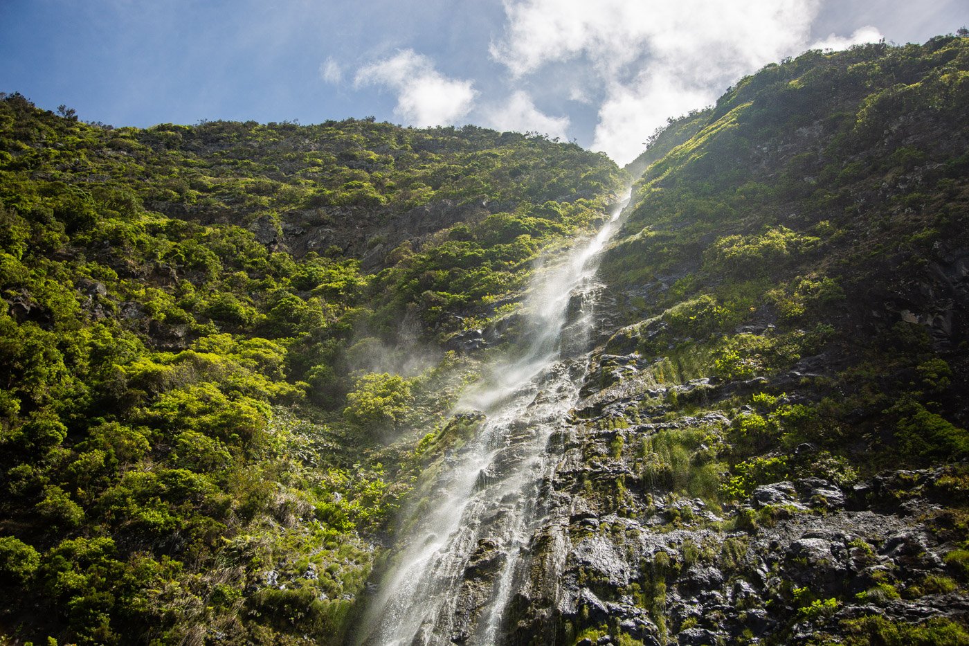 Waterfalls on a hiking trail in the Portugal Azores island of Flores