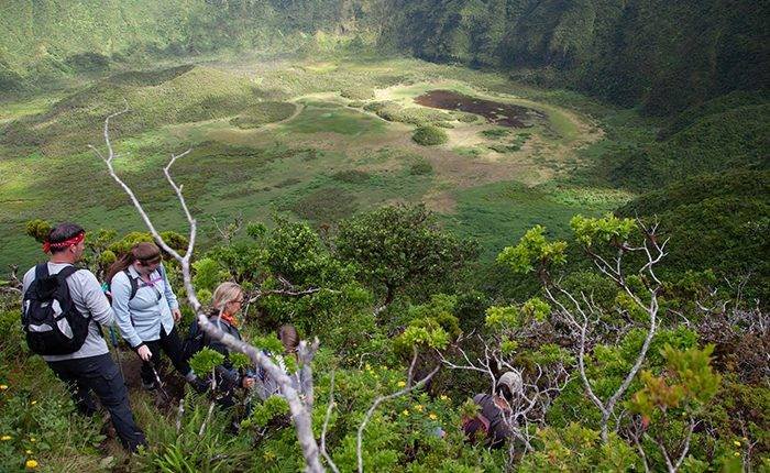 A view of a crater on a hiking trail of Caldeira in Faial, an island in Portugal Azores